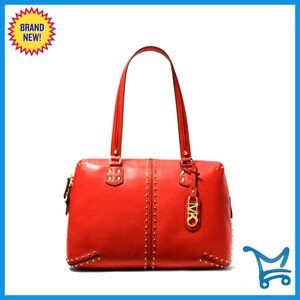 Large Leather Shoulder Tote with Studded Details, Zippered Closure